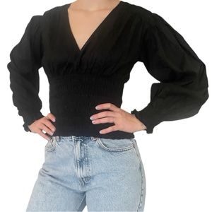 NWT Frame Black V-Neck Smocked Top Size XS